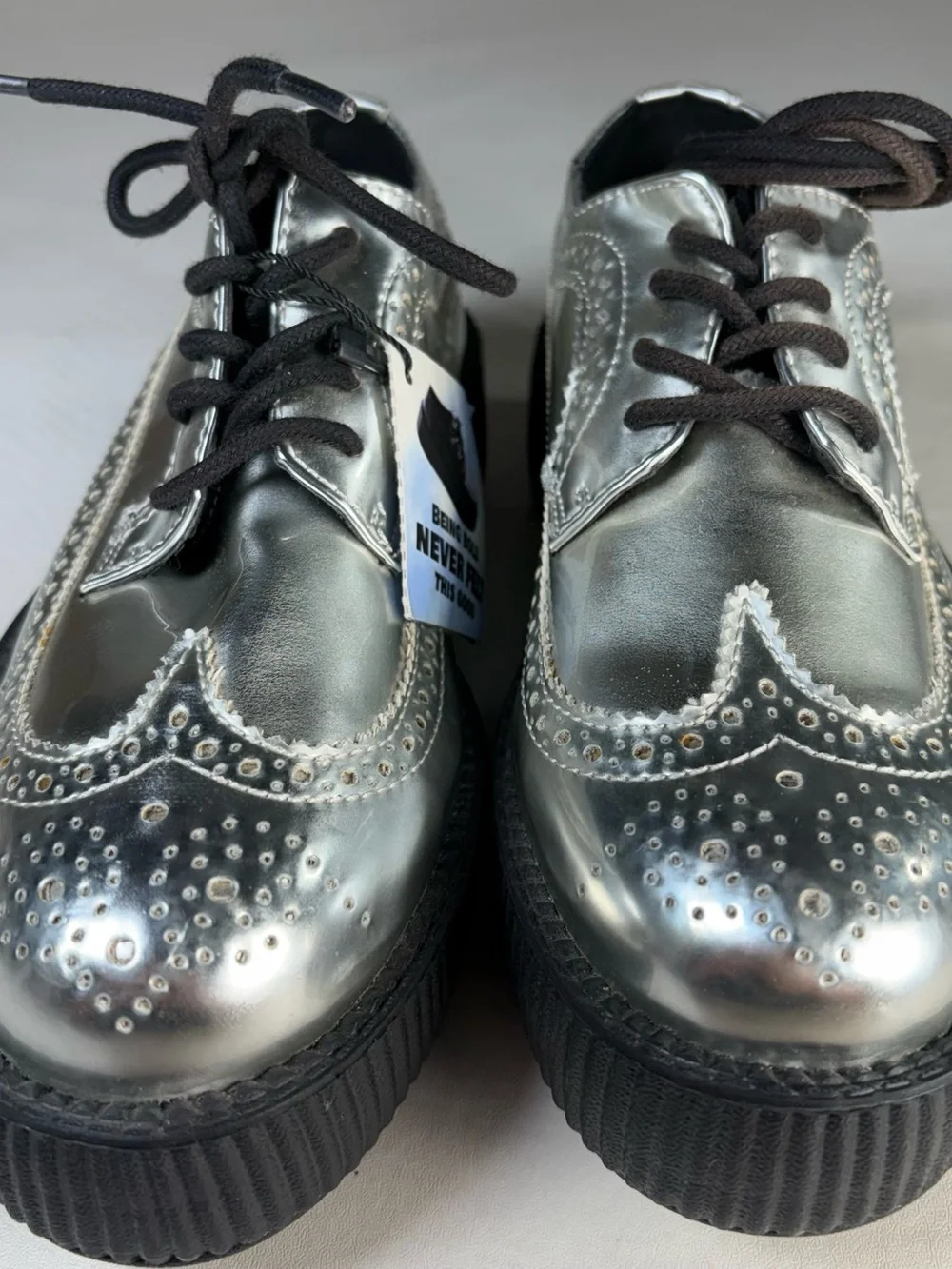 T.U.K. Shoes Women Size 5 Platform Chrome Leather (READ